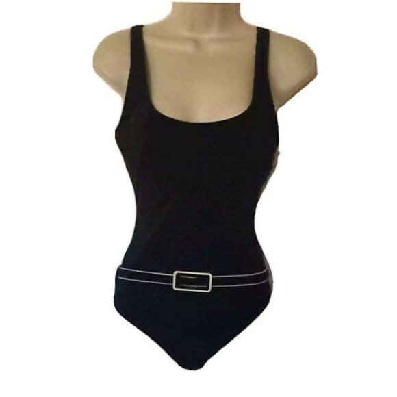 CALVIN Klein One Piece Swimsuit Bond Girl Black White Mod 90's Belted Vacation - Picture 1 of 6